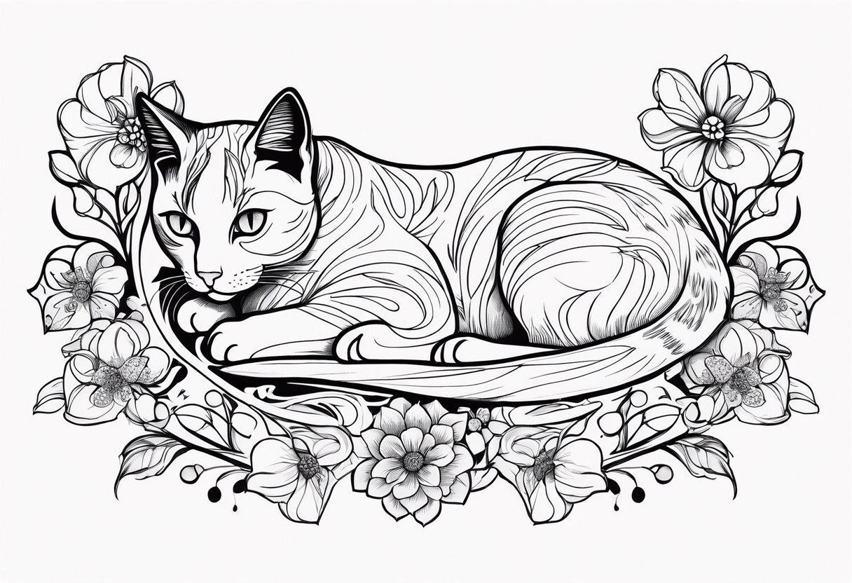 Art nouveau forearm tattoo of cat laying in flowers. tattoo idea