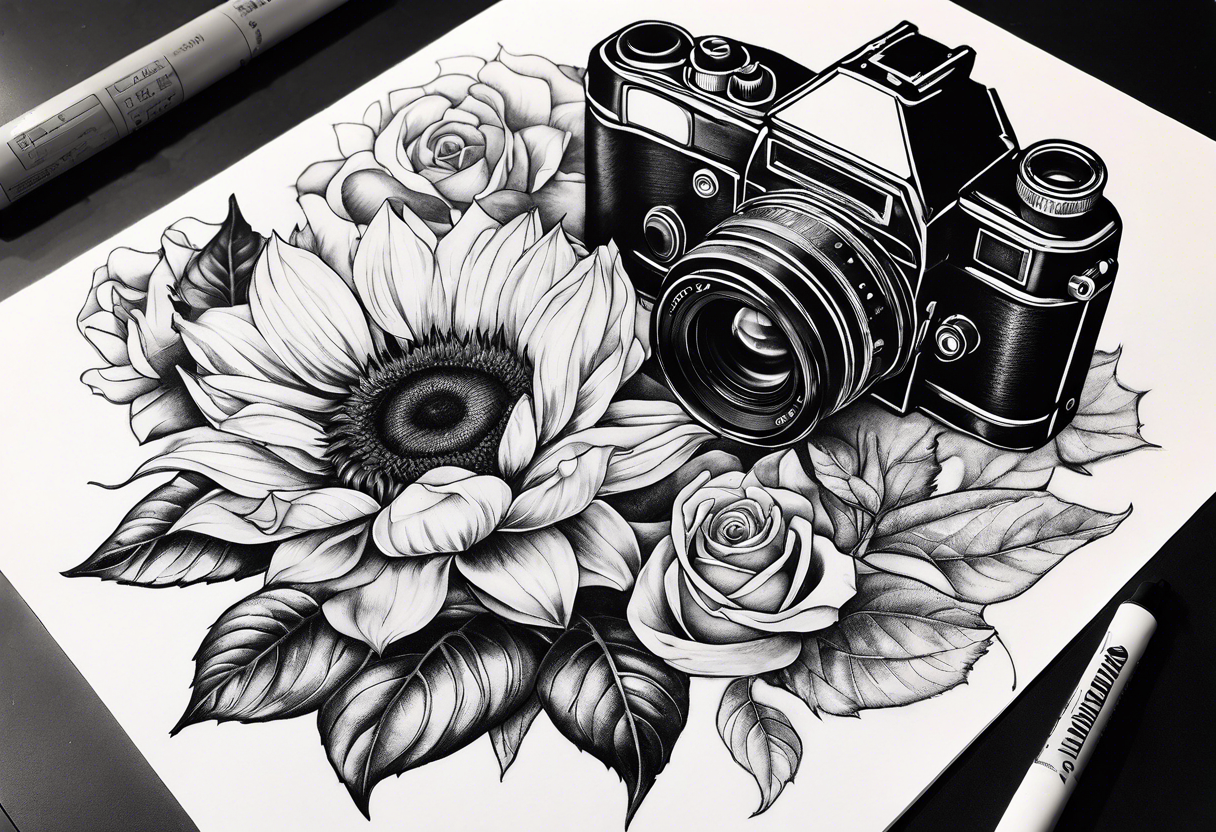 Book, sunflower, camera, butterfly, flower rose tattoo idea