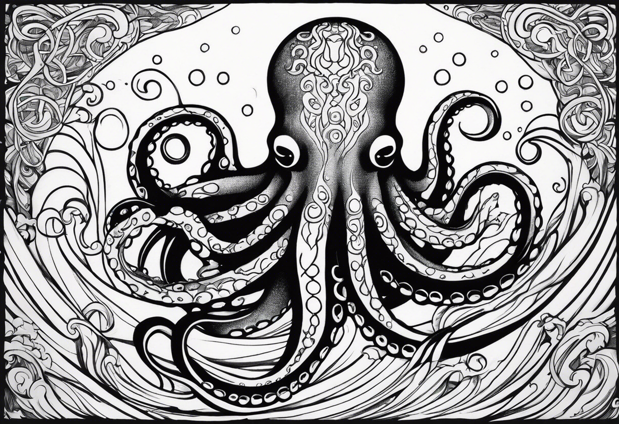 Tribal half sleeve. octopus surrounded by ribbons of water waves filled with fish. the octopus has no eyes. Use thick lines only with less detail. tattoo idea