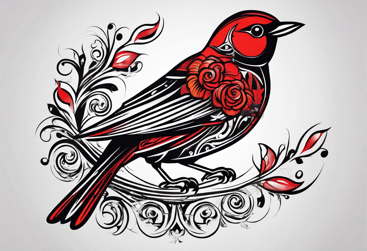 6 very small song birds flying near a red cardianl tattoo idea