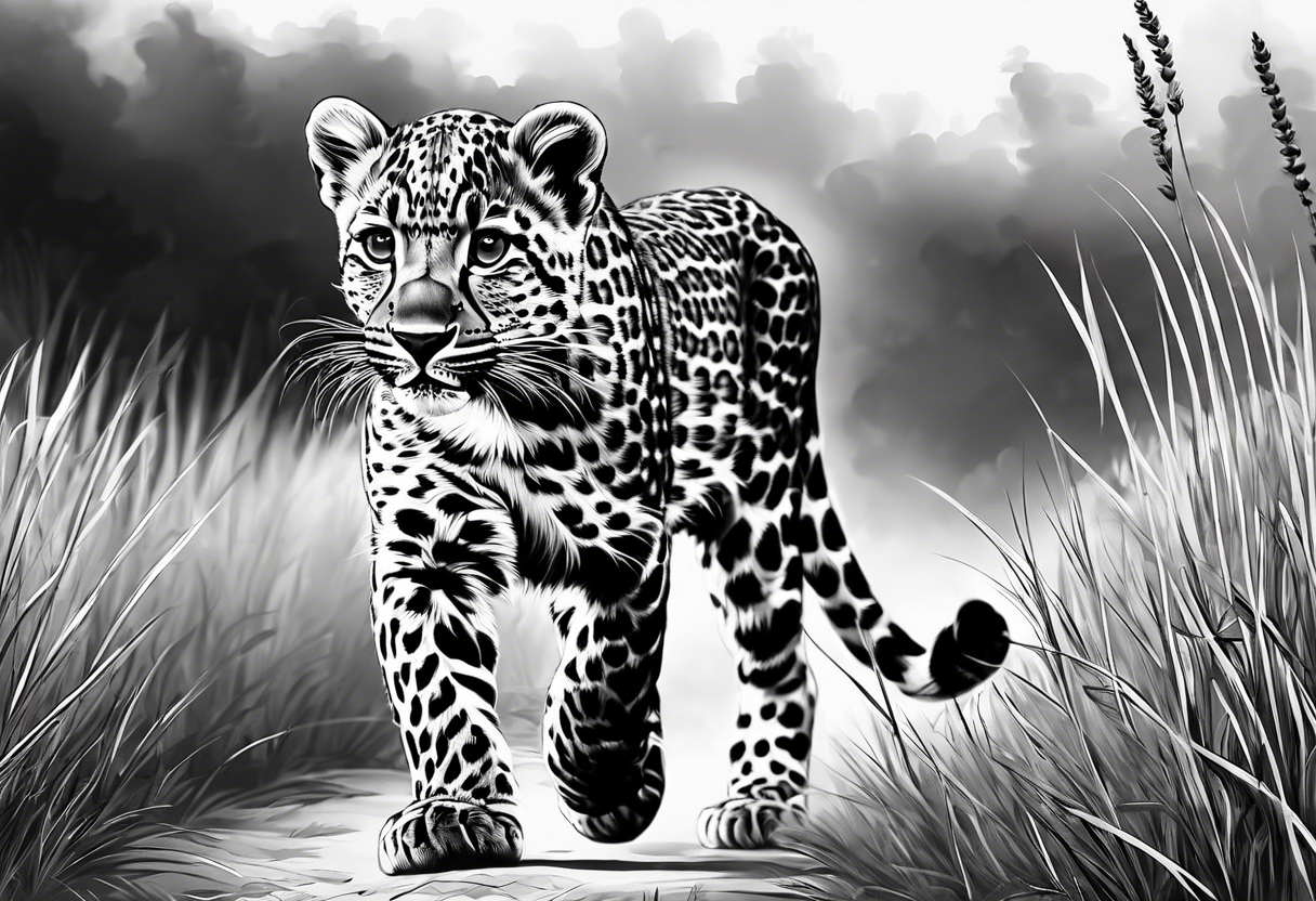 baby leopard walking straight with gras in the background tattoo idea