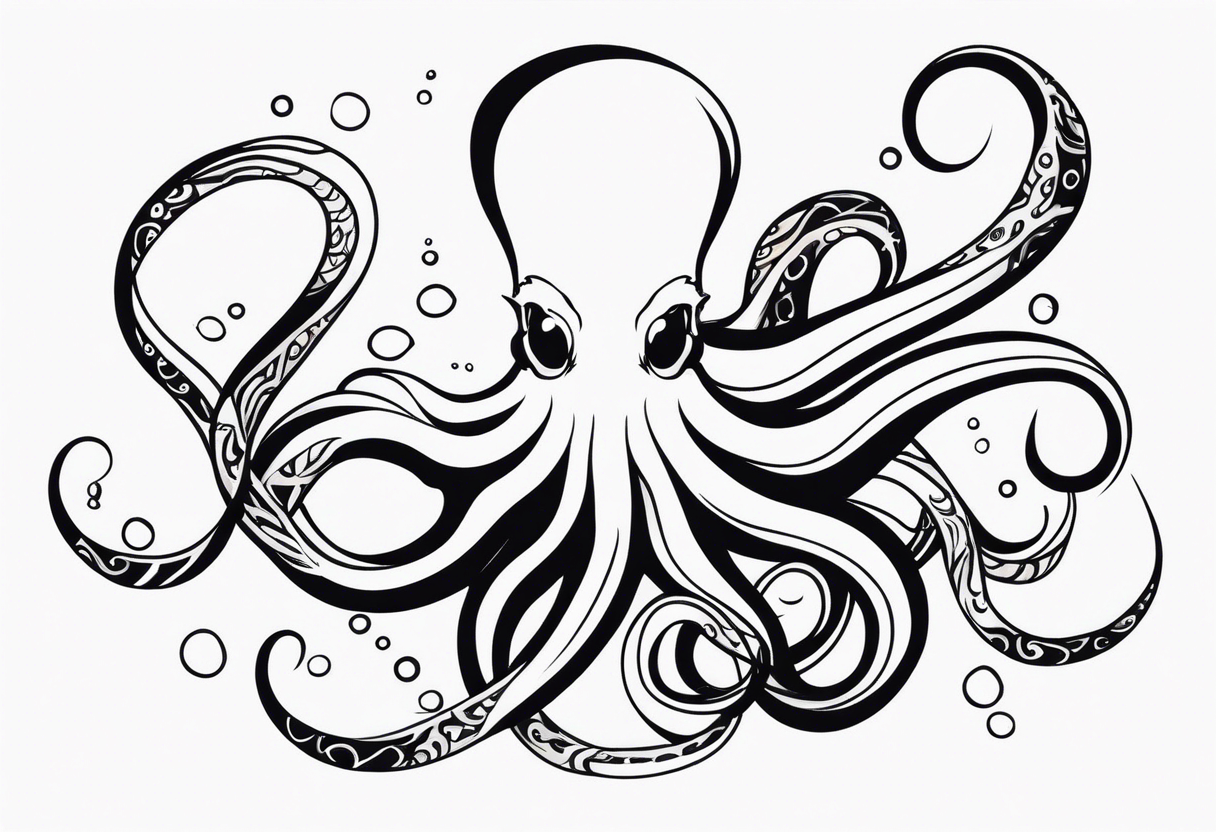 Tribal half sleeve. octopus surrounded by ribbons of water waves filled with fish. the octopus has no eyes. Use thick lines only with less detail. tattoo idea