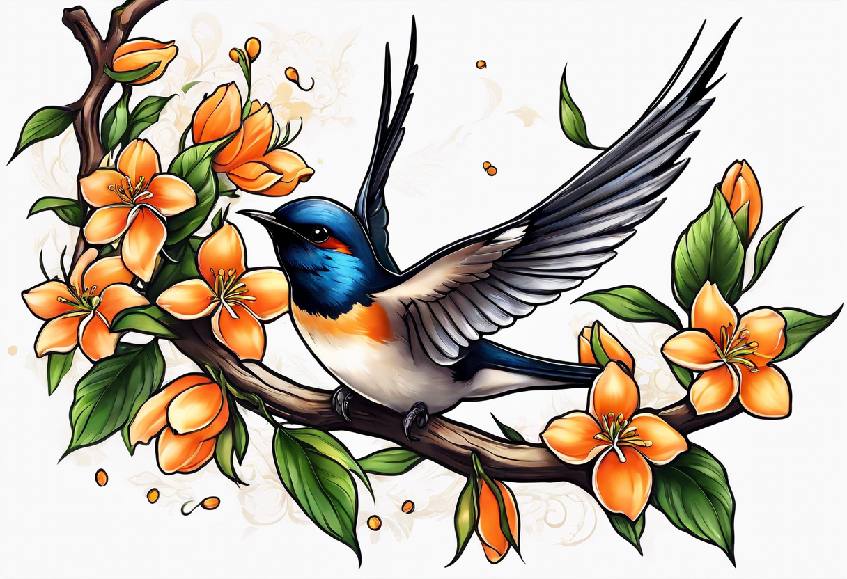 swallow flying off of branch with orange blossoms tattoo idea