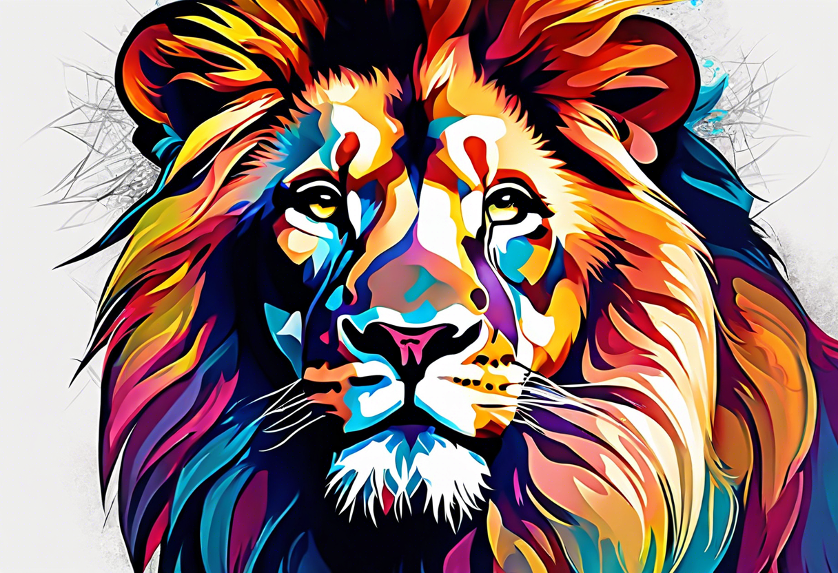 Using abstract art techniques, this design would depict the lion with unconventional shapes and vibrant colors, creating a modern and artistic interpretation. tattoo idea