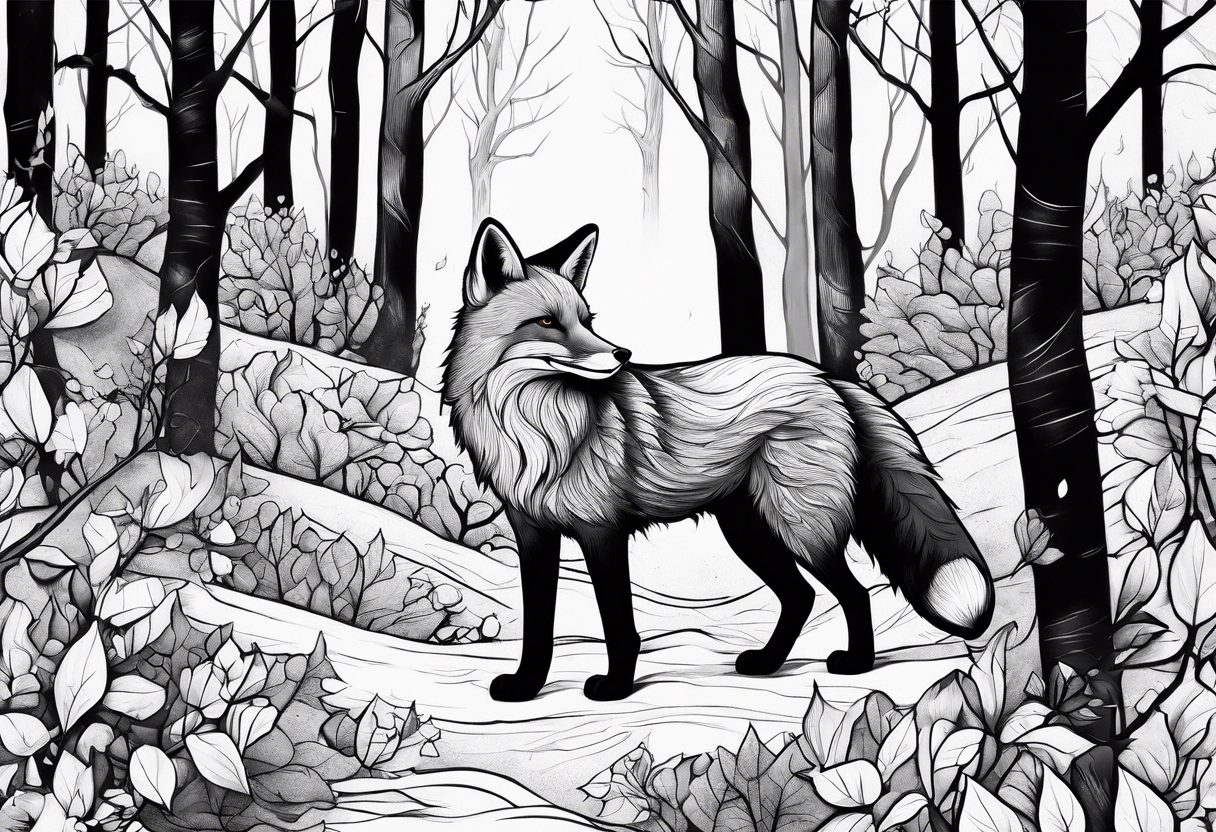 Creepy evil fox in birch woods tattoo idea