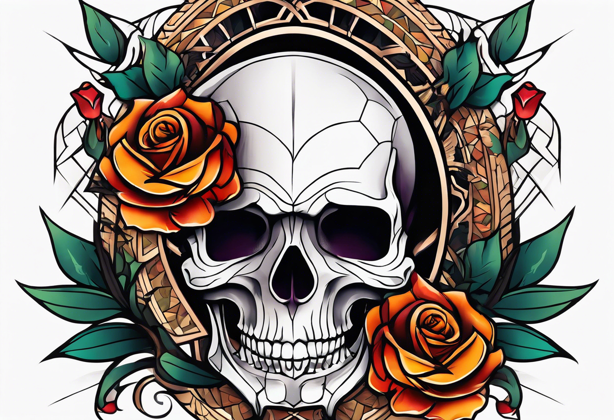 neo traditional Knee tattoo in fall colors showing a large skull with a rose in the style tattoo idea