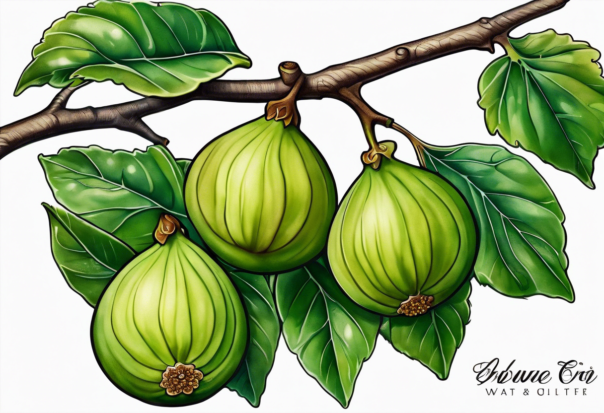 A fig branch with 3 greenish-brown fruits and multiple leaves tattoo idea