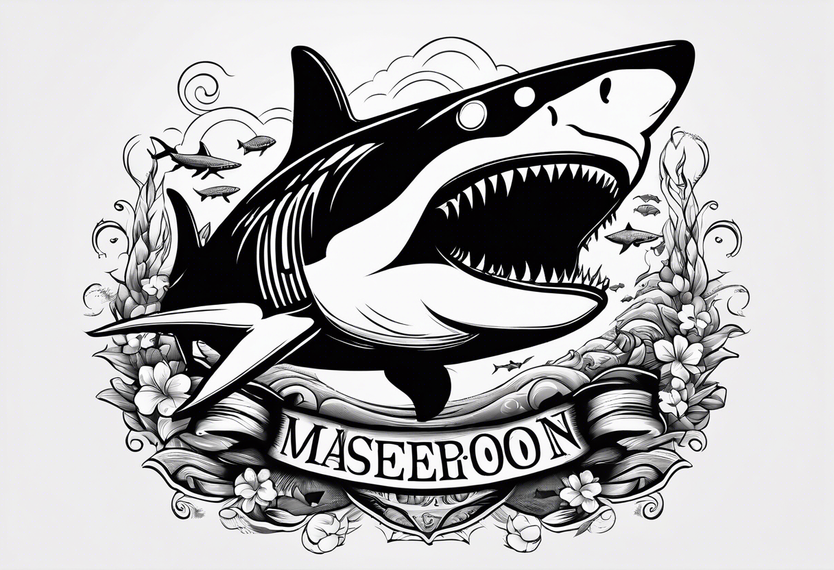 megalodon ni text vertically with the cute shark and the water wrapping around the text tattoo idea