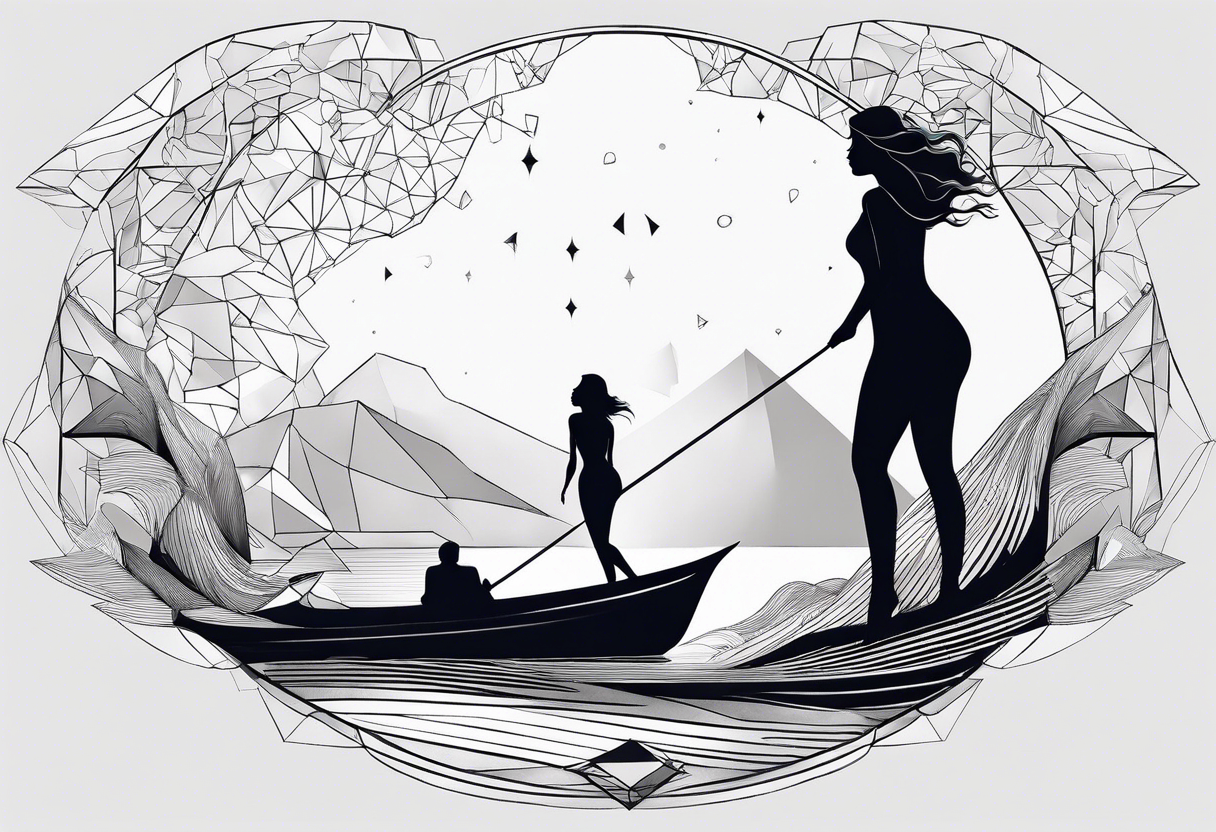 geometric silhouette lady iceberg with a man swimming tattoo idea