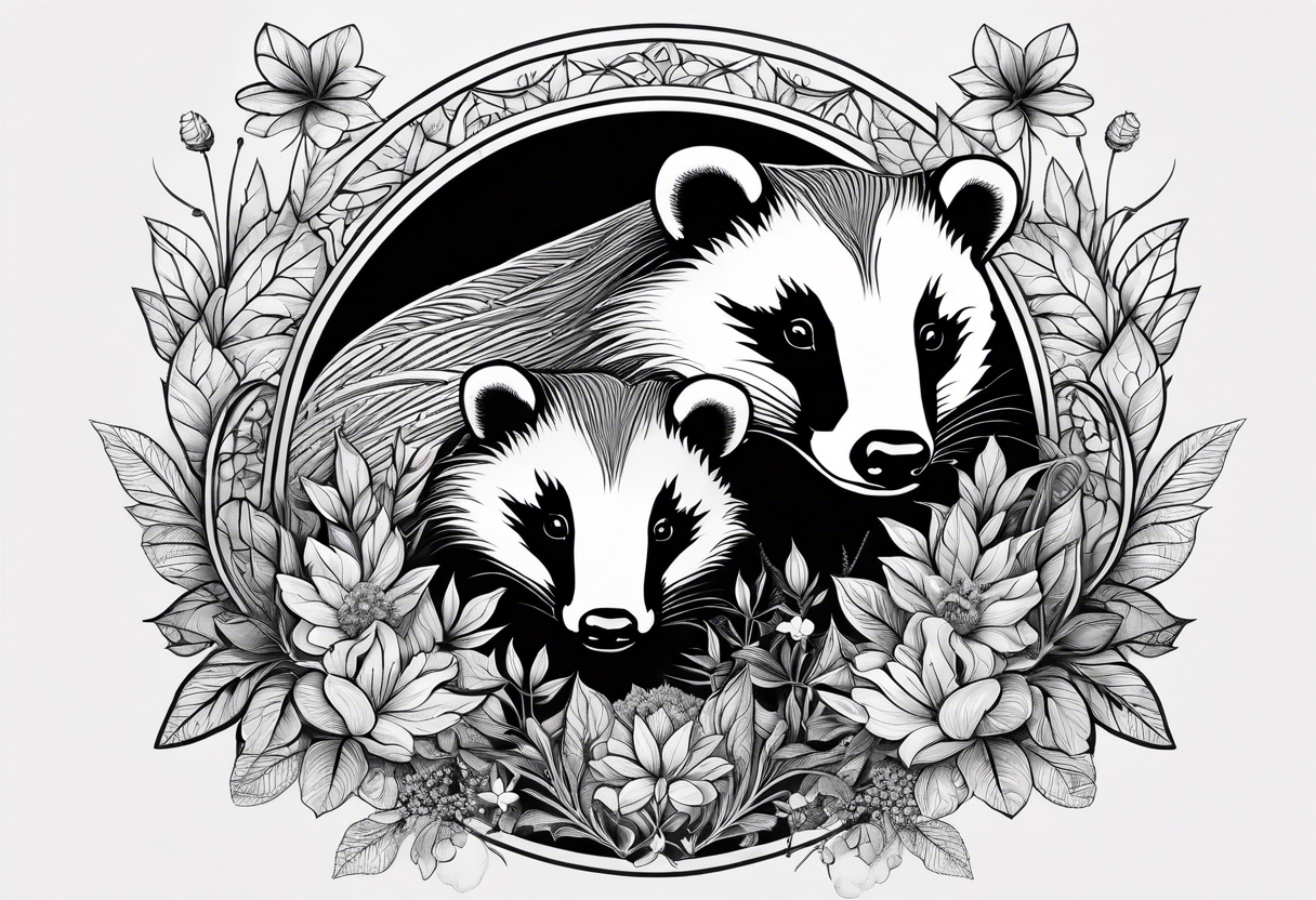 A badger with a cub in a field of flowers, including a cannabis leaf realistic in center and getting more trippy and black towards the edges Fractal patterns included tattoo idea