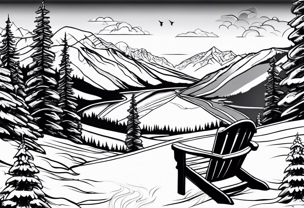 ski resort with lake in the background and chair lifts tattoo idea