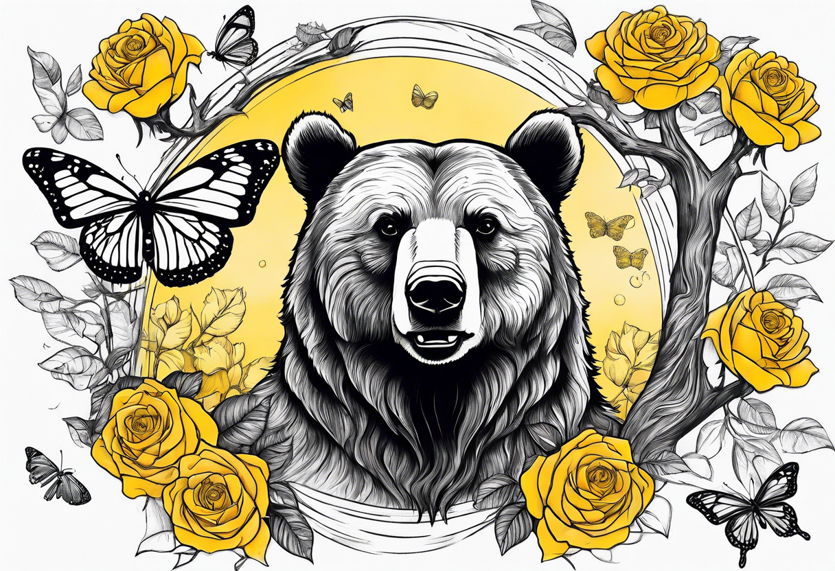 Bear under the tree of life with yellow roses and three butterflies for an upper arm tattoo. tattoo idea