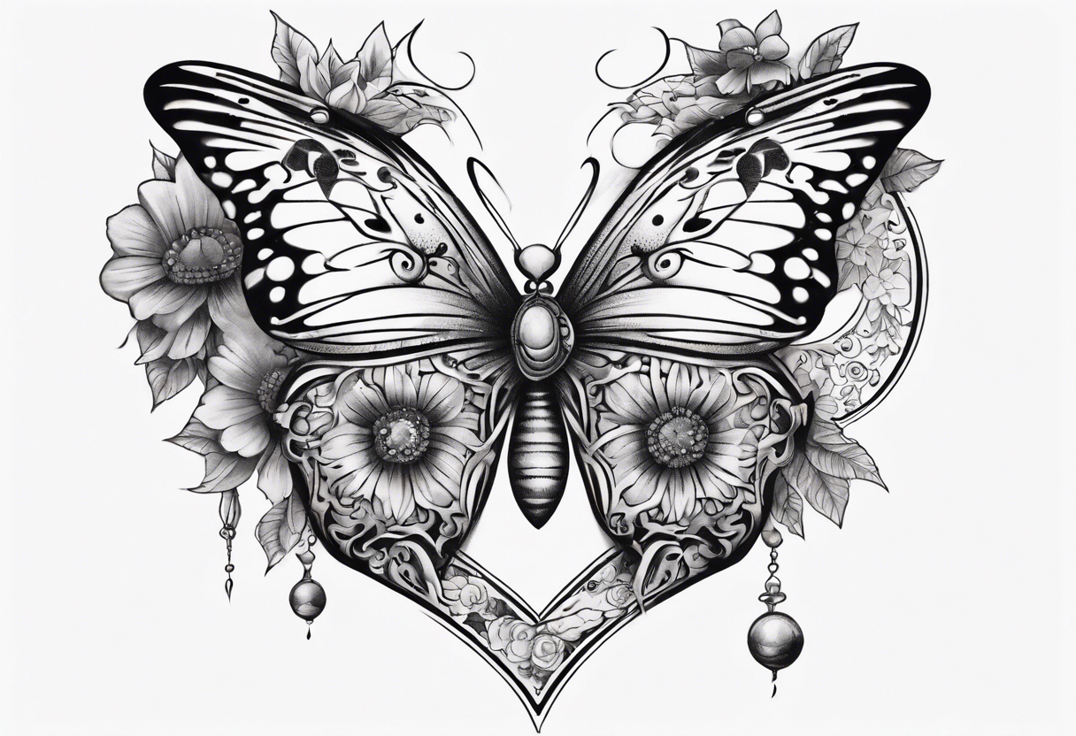 Butterfly wrap tattoos in heart with large centre piece with moon and floral theme. Bracelet around ankle show on higher ankle tattoo idea