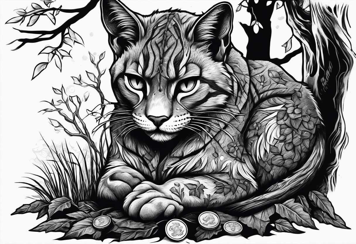 Khajiit sitting under an oak tree with a dagger and coin purse tattoo idea