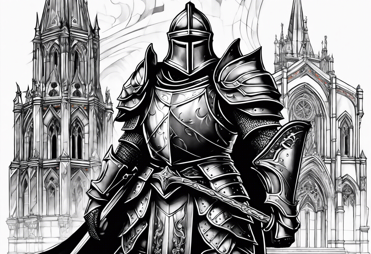 knight heavy armor in front of cathedral tattoo idea