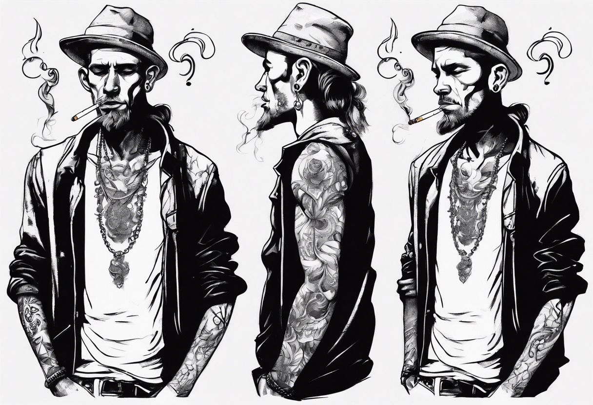 A man standing full-length, smoking a cigarette, with earrings in his ears, no headgear tattoo idea