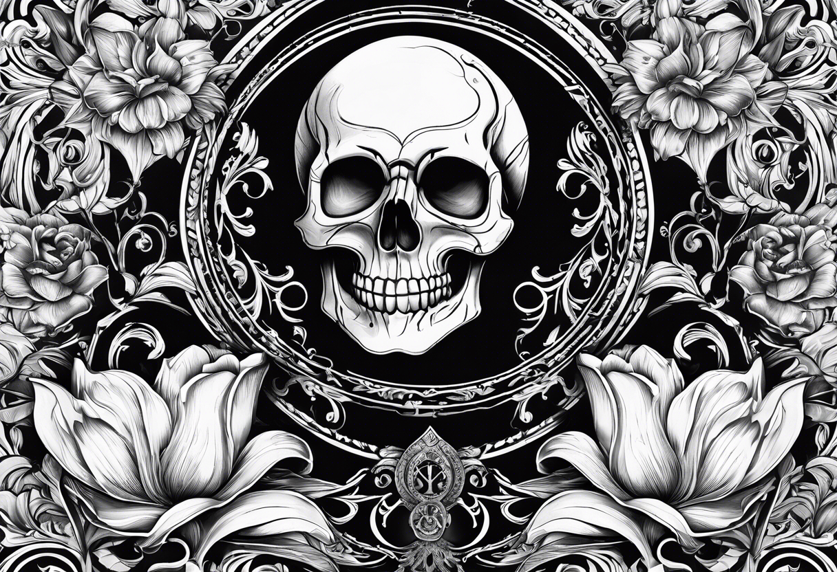 Tulip, Skull, hourglass all separate. With Amor Fati and Memento Mori in circled tattoo idea