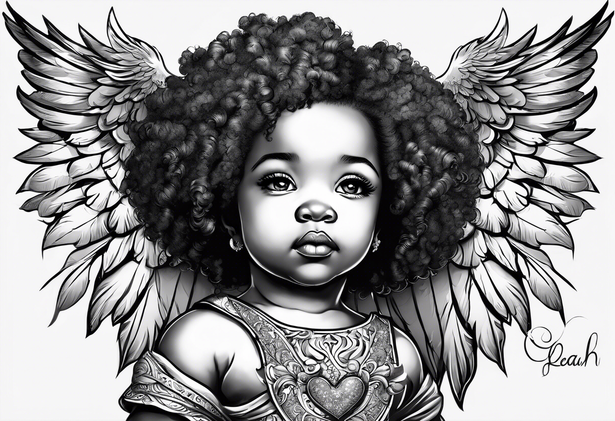 Baby Afro/metiss Angel holding heart, side way flying with name Leah. For chest tattoo on left pec tattoo idea