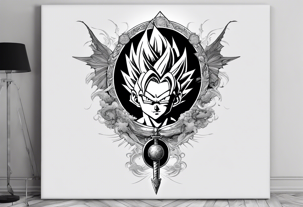 Dragon Ball z, future trunks sword in the middle l, nimbus cloud spiraling around the sord and a 4 star dragon ball on the bottom of the sword tattoo idea