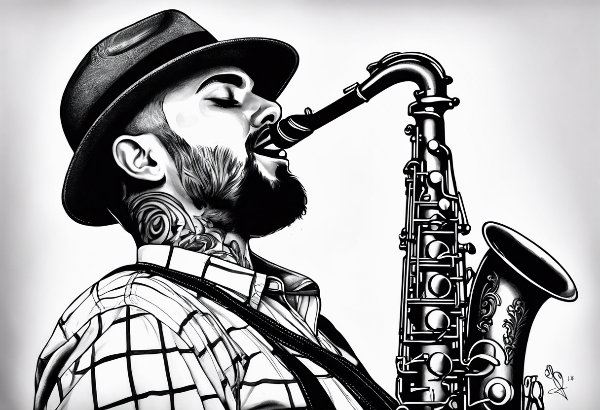 Csepregi Gyula is playing on his saxophone tattoo idea