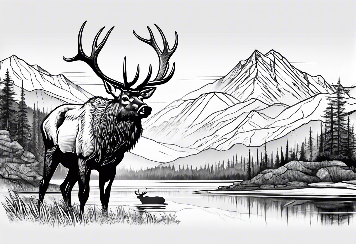 elk with mountains and lake tattoo idea