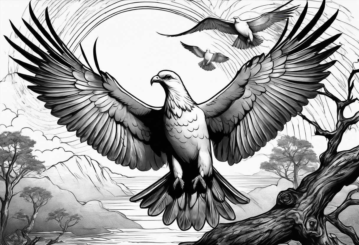 Dove sitting on a branch in the distance with an eagle approaching tattoo idea