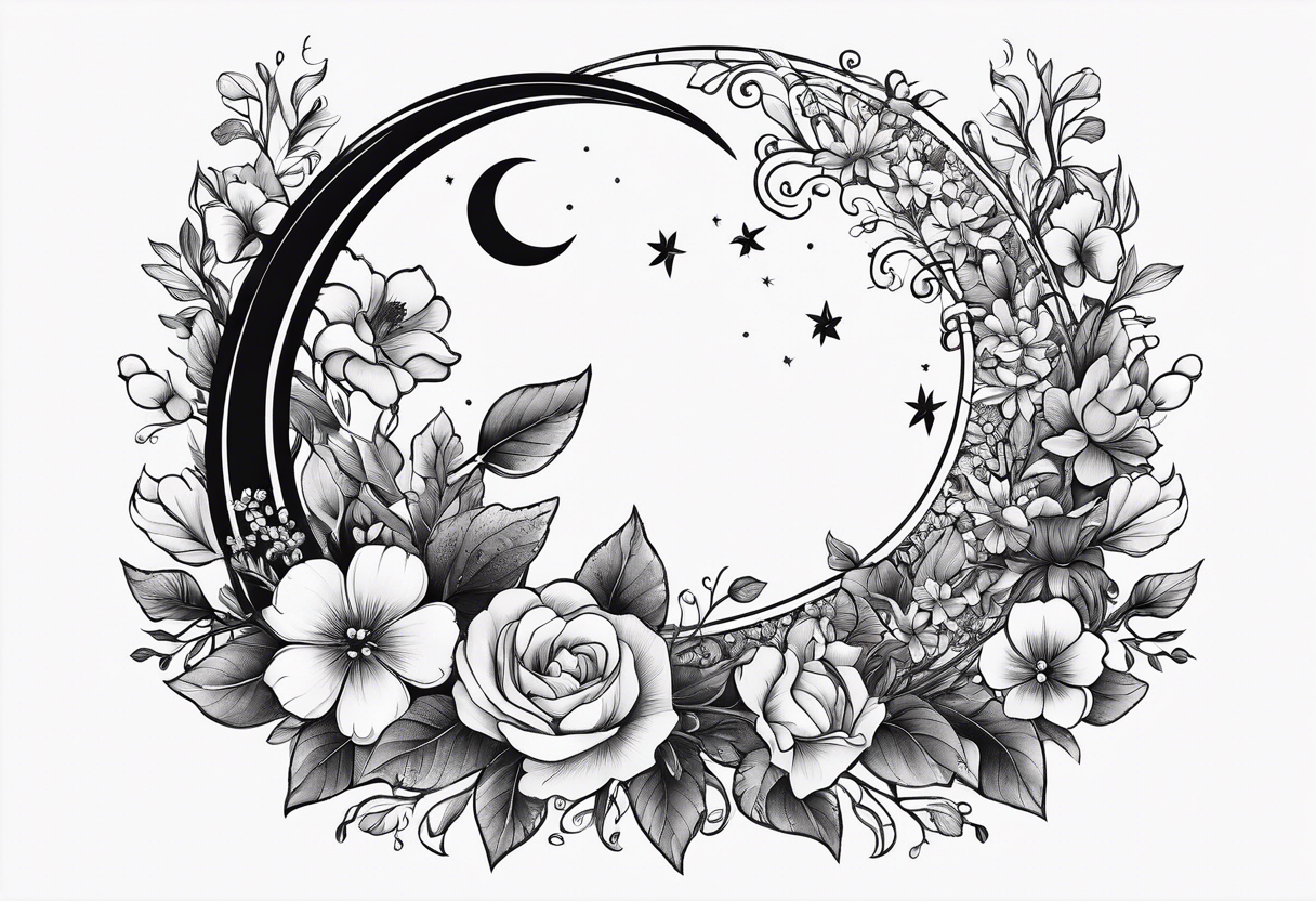 Crescent moon shrouded in pretty flowers tattoo idea