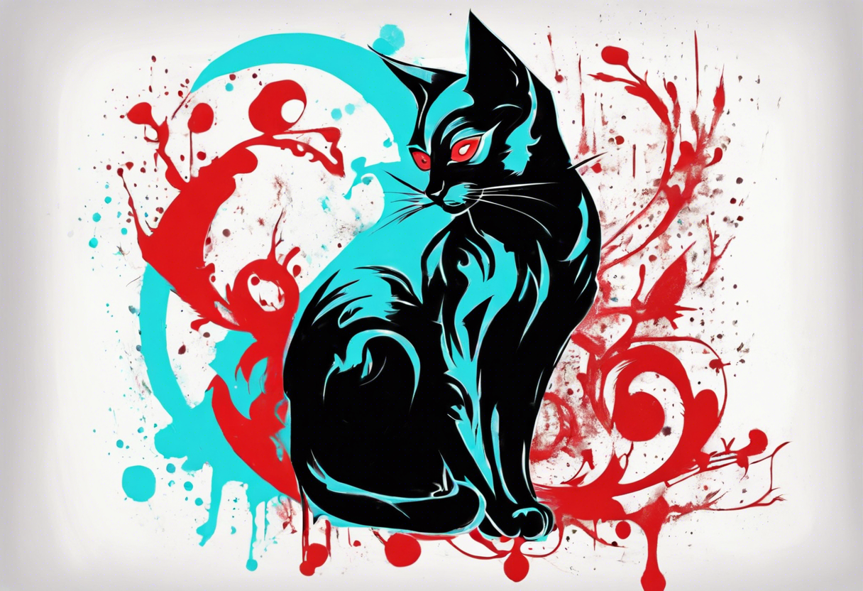 Black cat in the style of Banksy and Xoil, acquarel,  abstract, red and cyan, fractal, tattoo idea