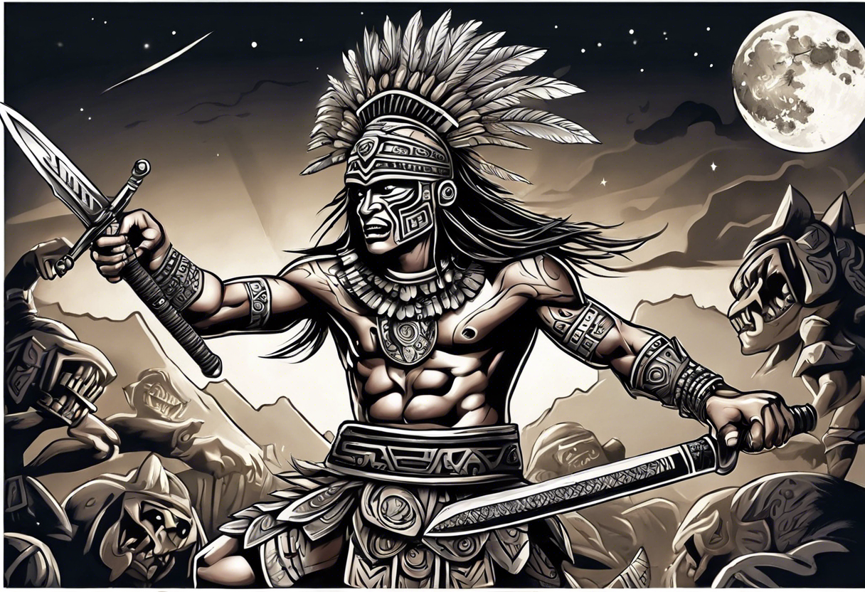 Aztec warrior with an obsidian sword fighting against goblins at night with moonlight skies tattoo idea