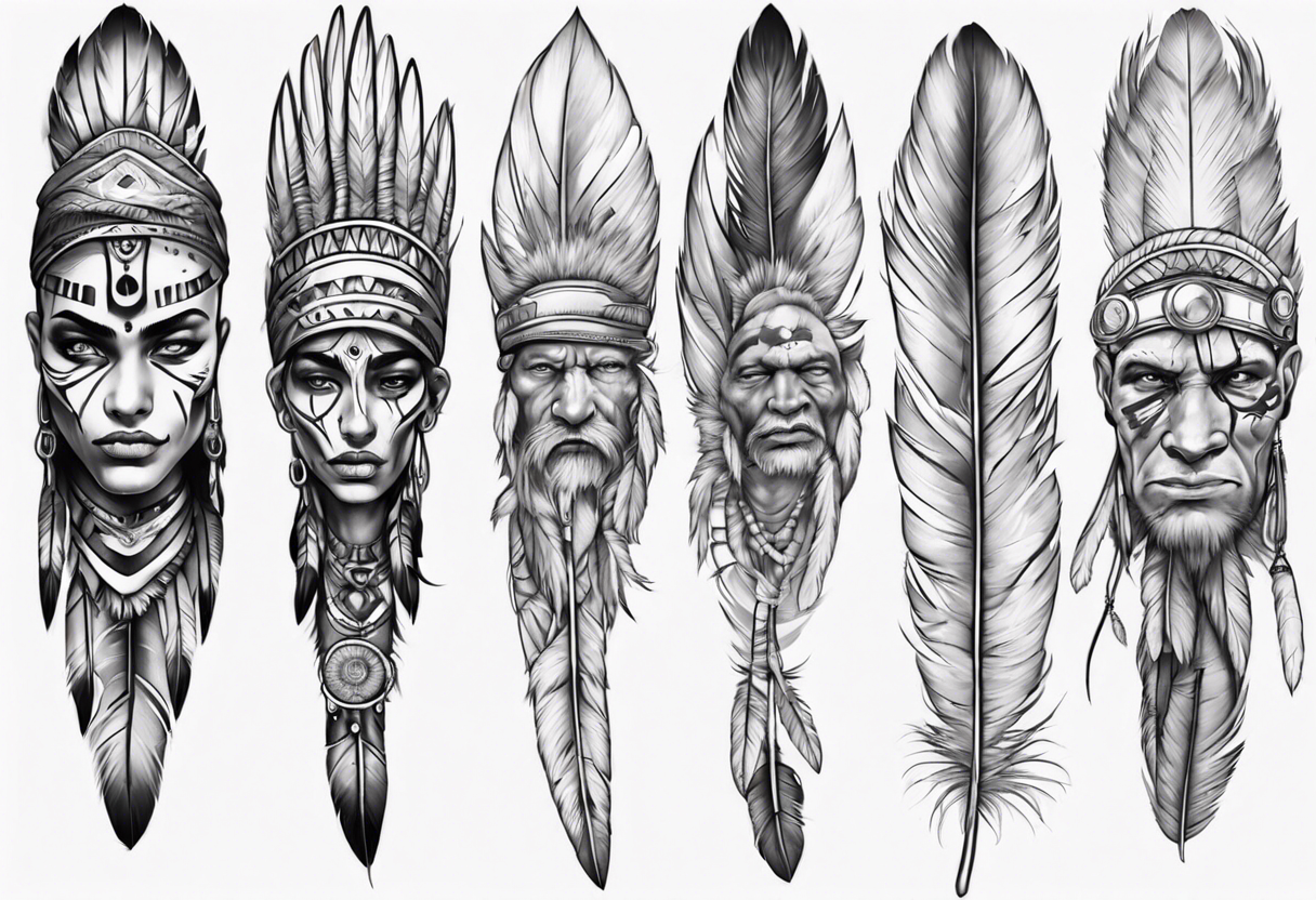 indian realistic leg sleeve with human face and feathers 
and maybe some animals evil looking tattoo idea