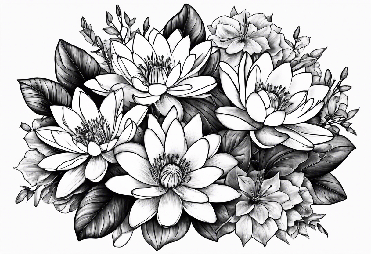 Water lilies and larkspur bouquet tattoo idea