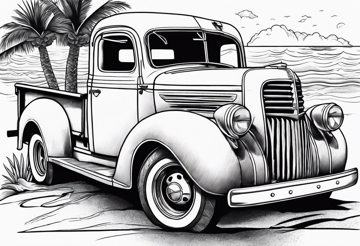 Beach theme, classic truck,  bikini girl tattoo idea