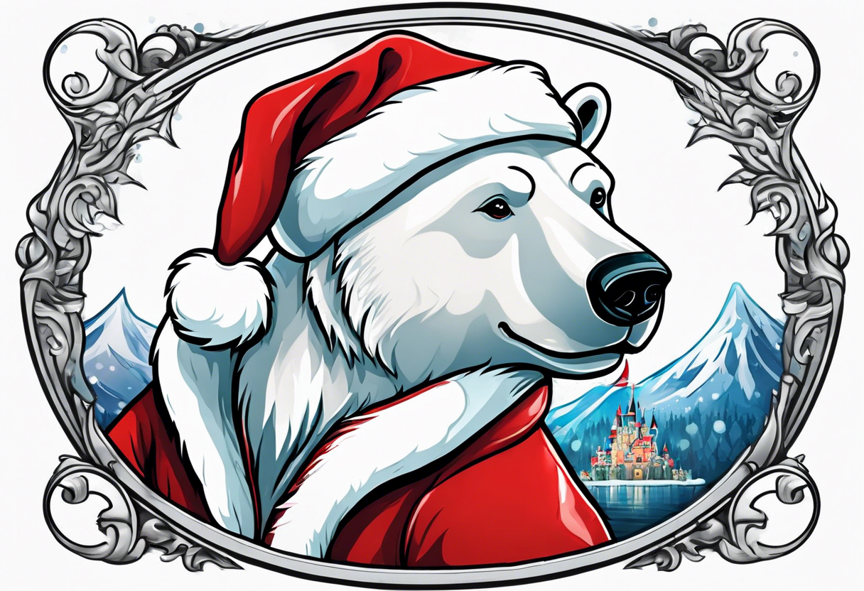 A polar bear dressed as Santa at Disney land castle tattoo idea