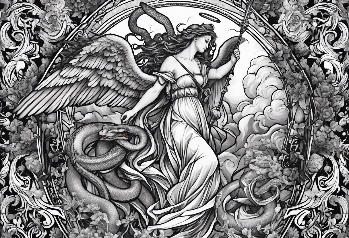 Full back piece depicting the biblically accurate angels above killing a snake tattoo idea