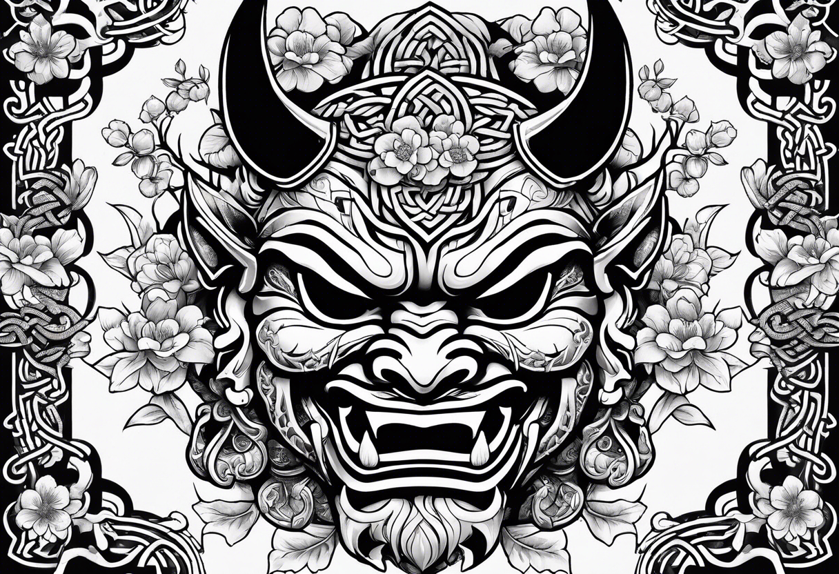 Oni mask with a cherry blossom background in a Celtic style tattoo idea