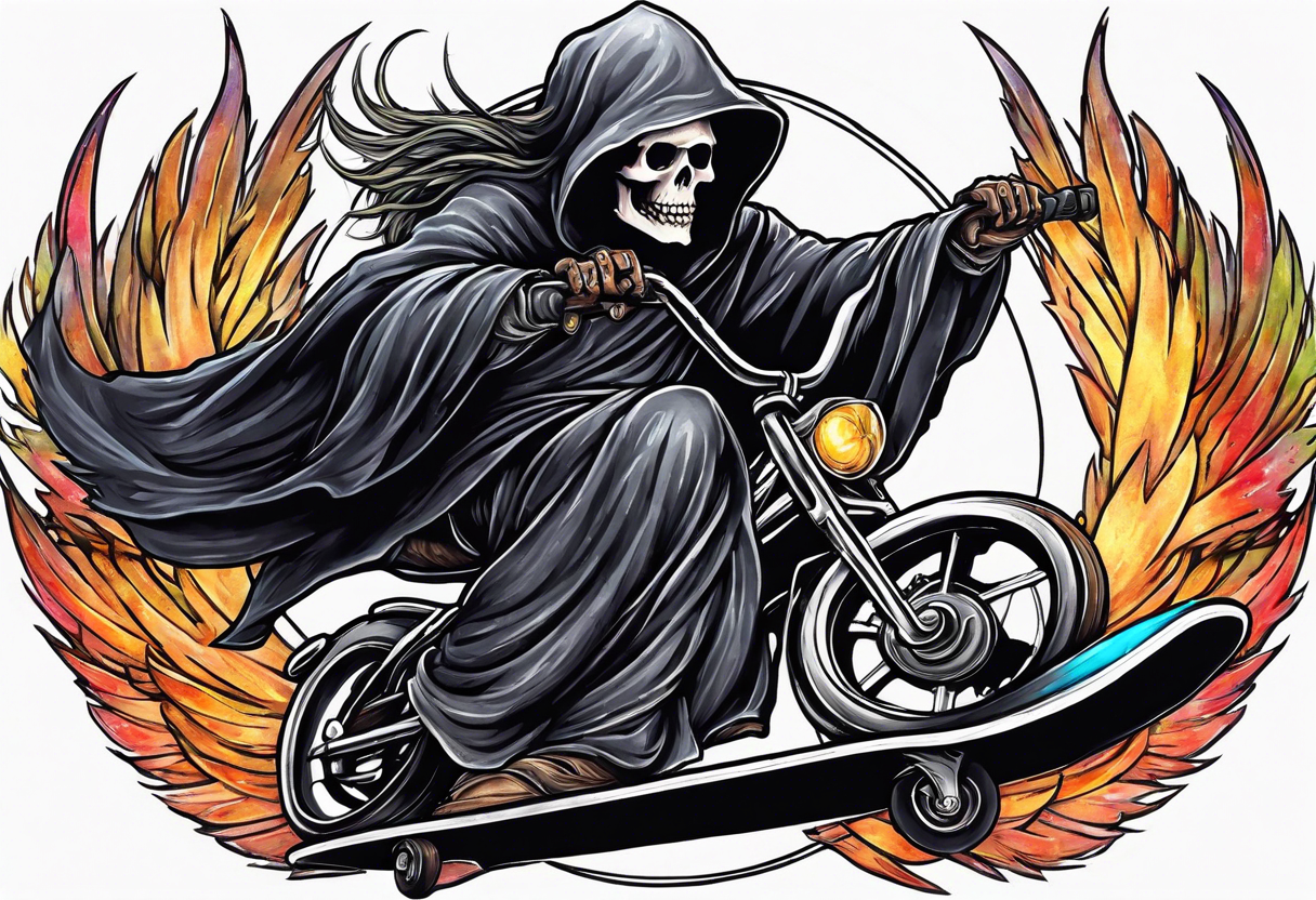 the grim reaper riding a skateboard with an angel halo above his head tattoo idea