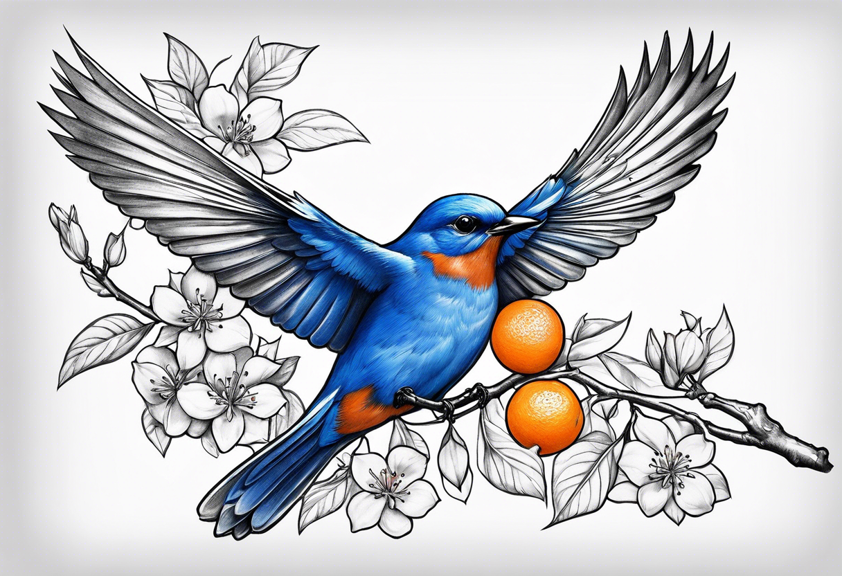 bluebird in flight with an orange blossom branch in its mouth tattoo idea