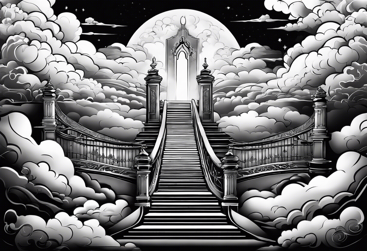 Staircase that leads through the clouds to heaven and ends at the gates of heaven. At the end there is a bright light tattoo idea