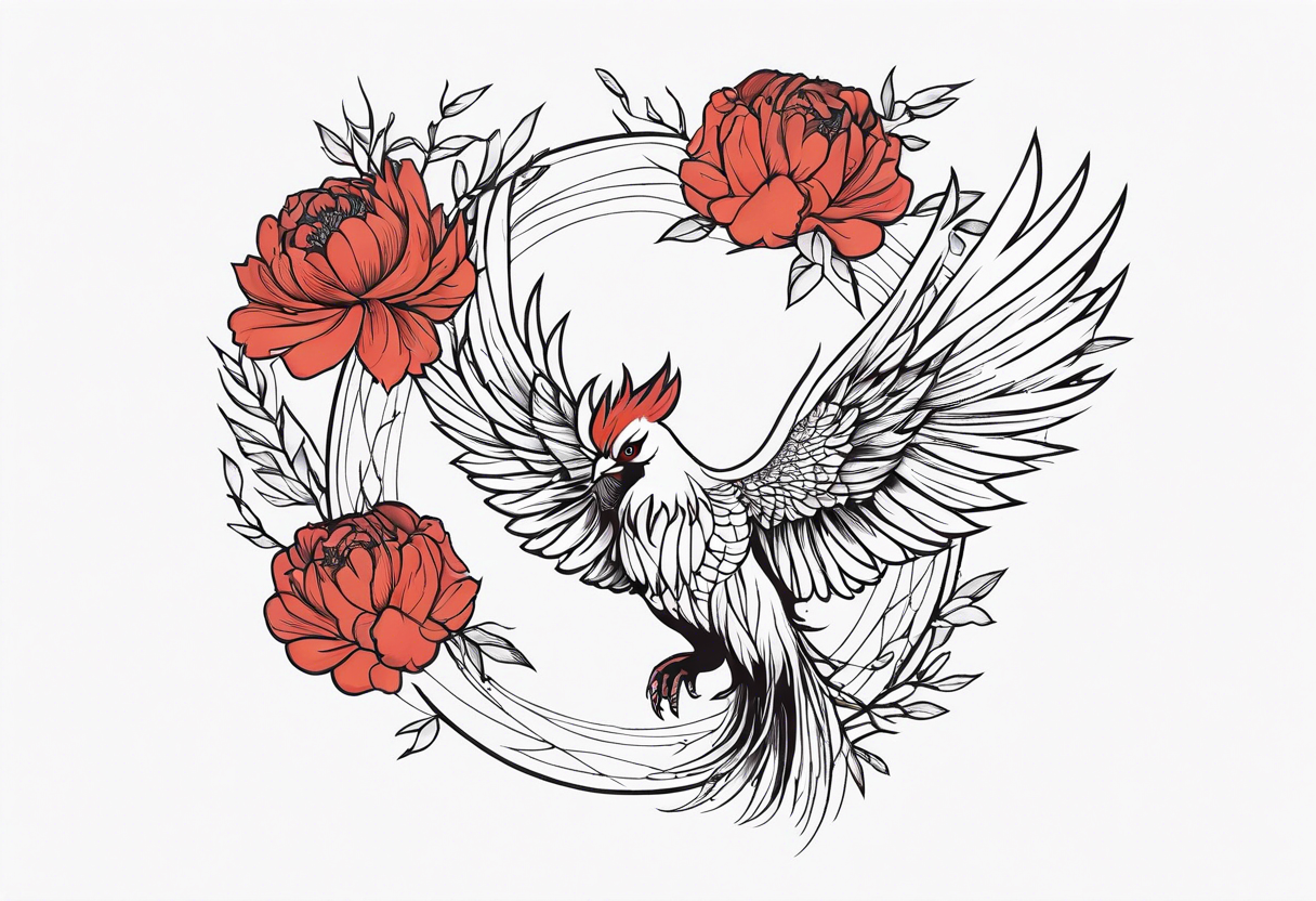 minimalist pheonix with peonies tattoo idea