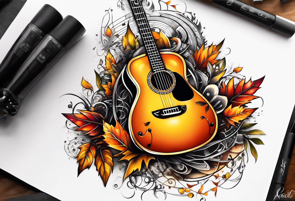 thigh tattoo with fall colors music notation symbols and a guitar tattoo idea