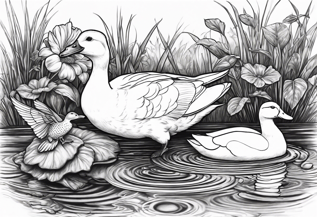 A white Duck a green toad and a moth playing together in a pond tattoo idea