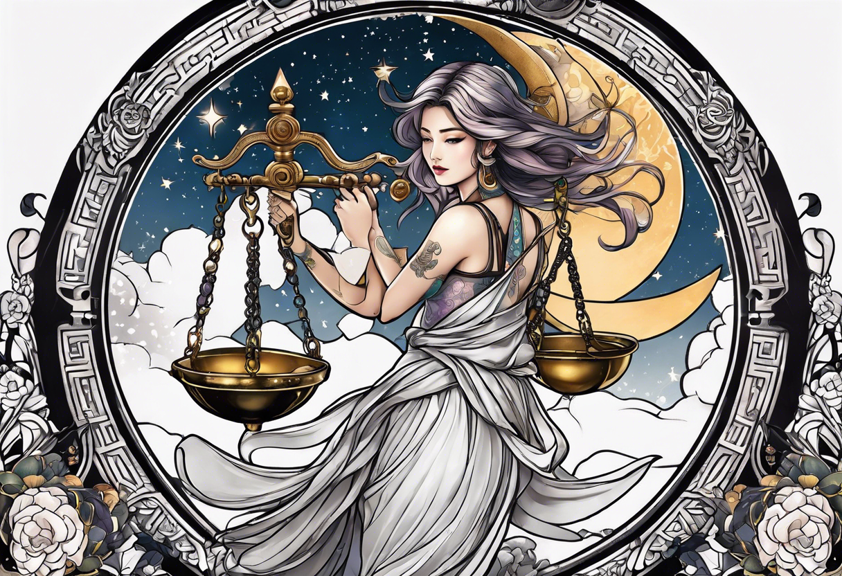 Libra woman holding scales with a night zodiac background including a half moon that encircles half of the woman tattoo idea