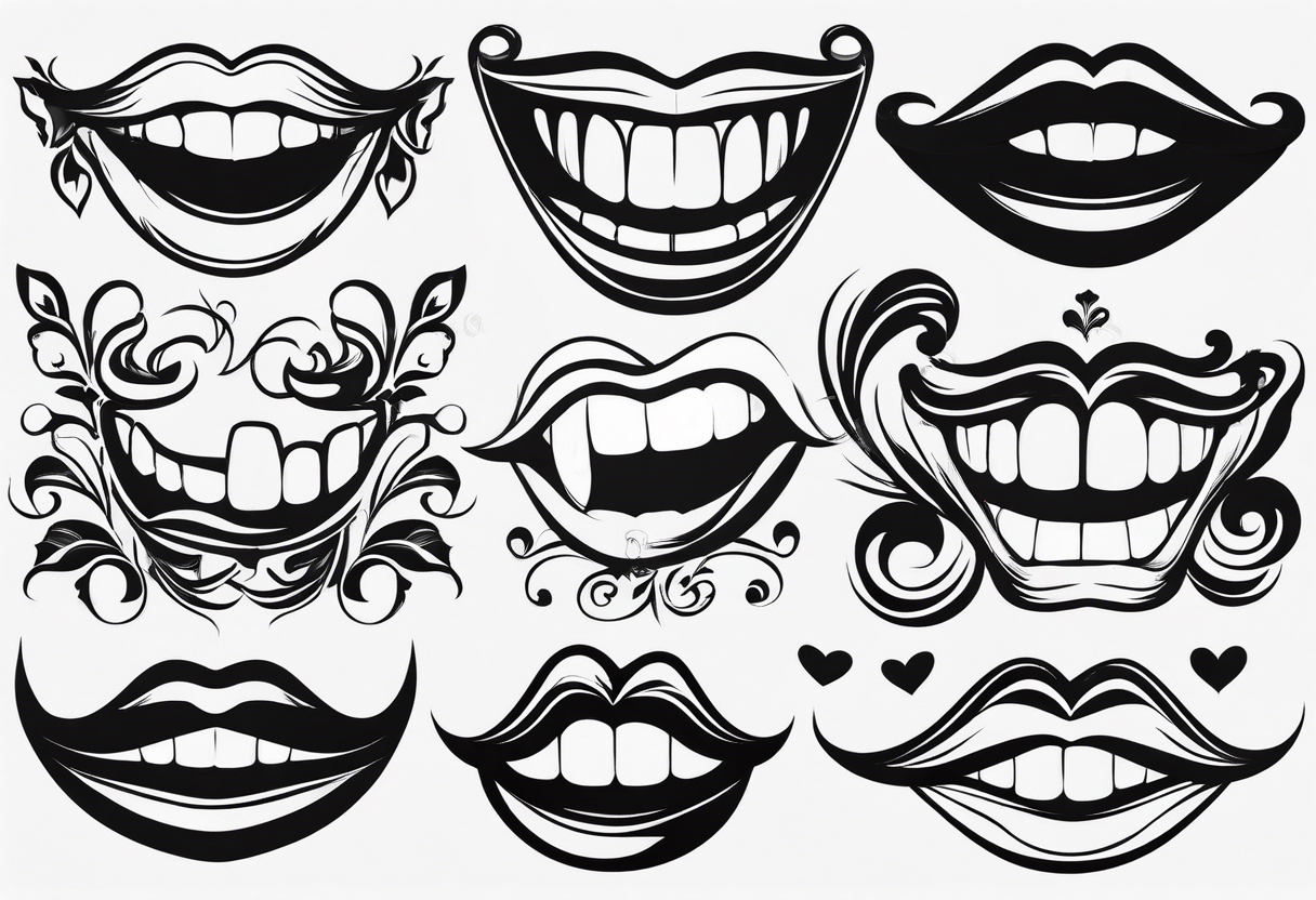 four outlines of teeth with attributes of a family: one with mustache, one with lady eyelashes, one smaller with a bow on its head and one smaller in short pants tattoo idea