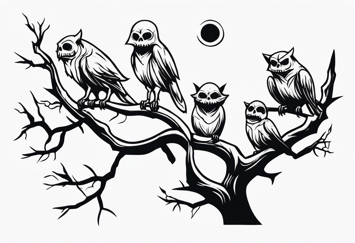 dark, undead creatures sitting on a branch of a tree tattoo idea