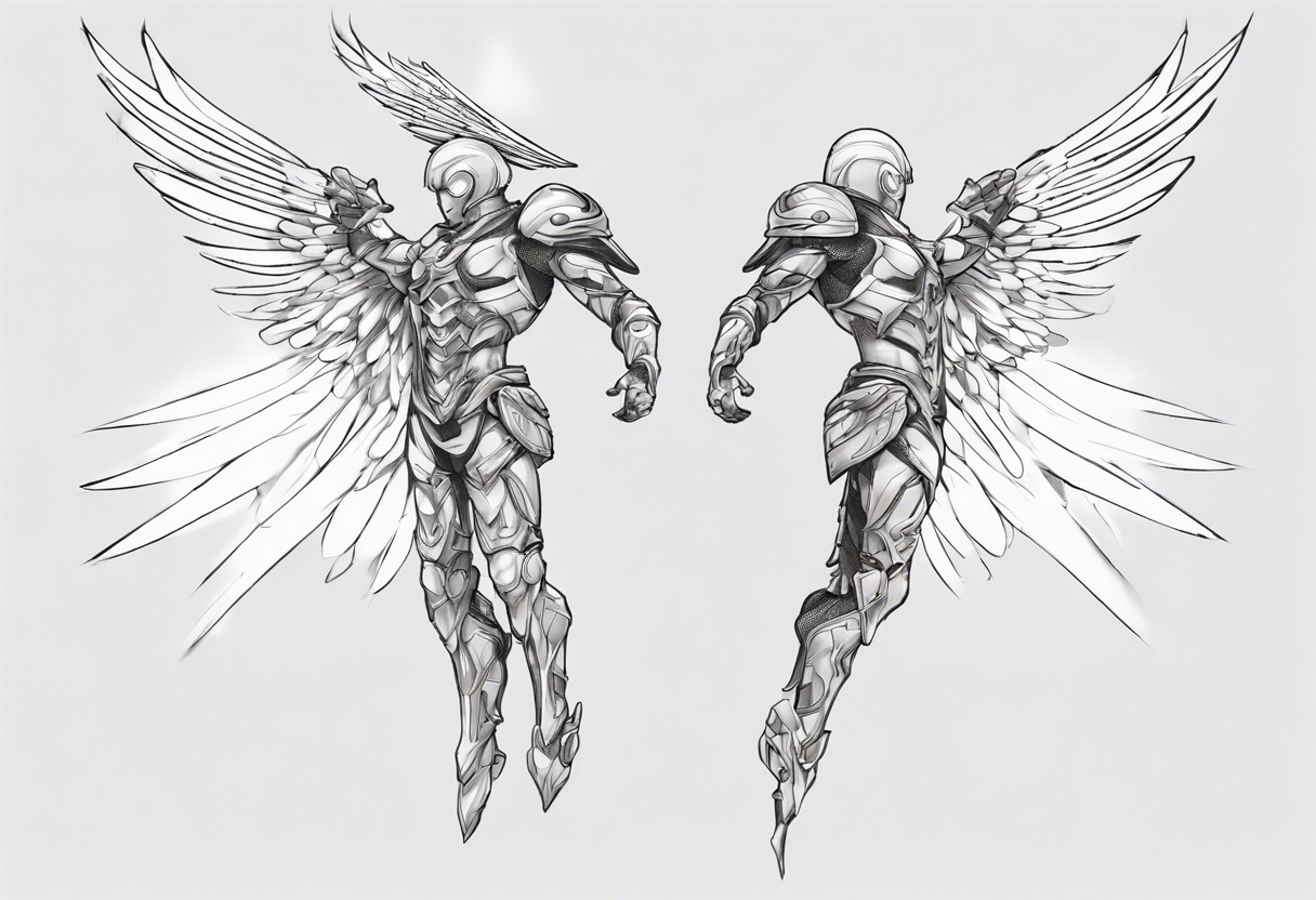 Side view of a lite angel wearing inorganic armor that is in mid-air ready to attack tattoo idea