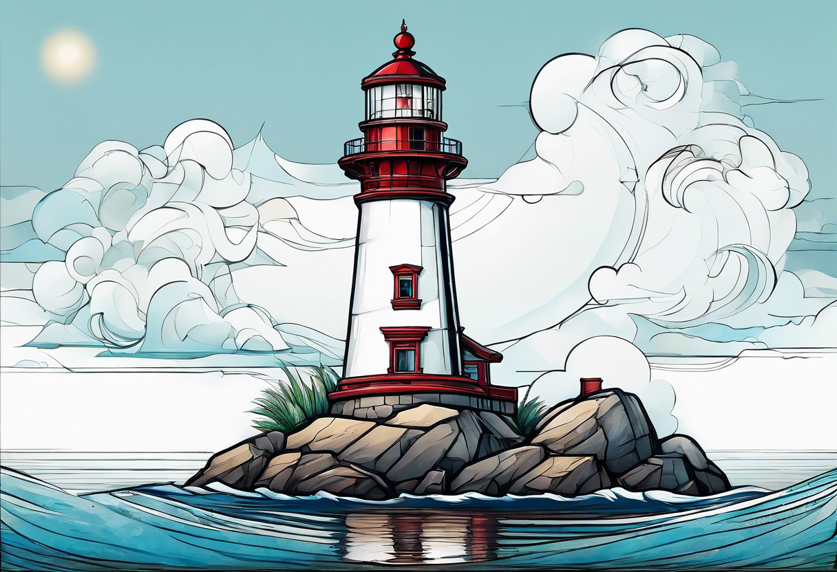 maritime lighthouse partially hidden by its large fixed sail. calm sea reflection. tattoo idea