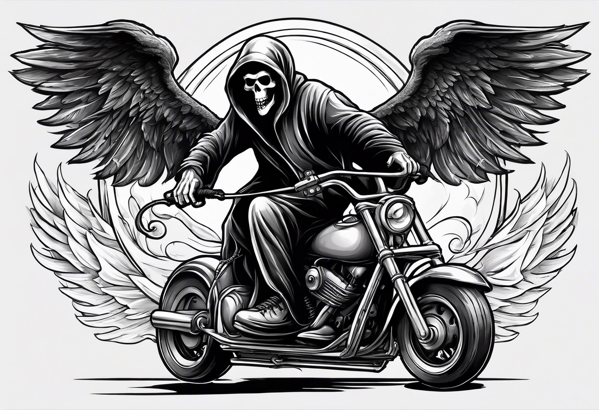 the grim reaper riding a skateboard with an angel halo above his head tattoo idea