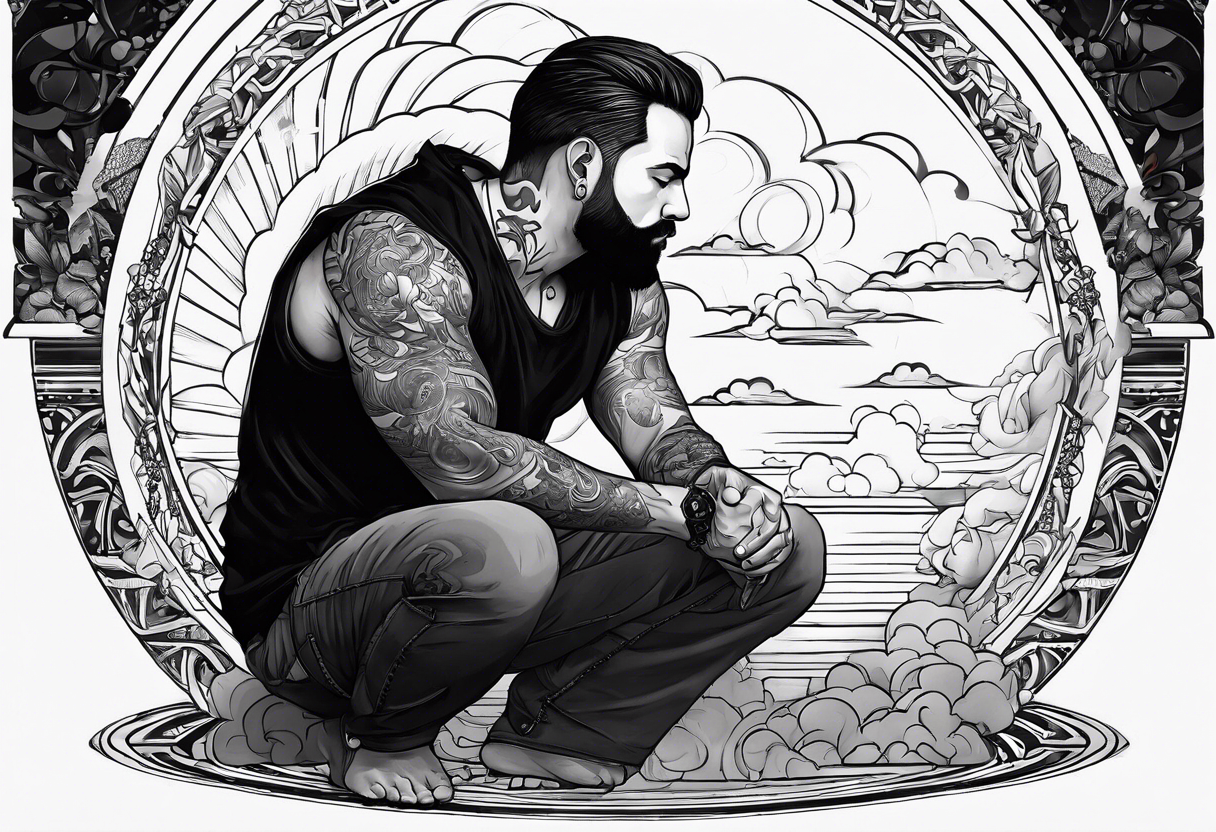 Men kneeling like he went through s bad time and a cloud looking like a debil behind him tattoo idea