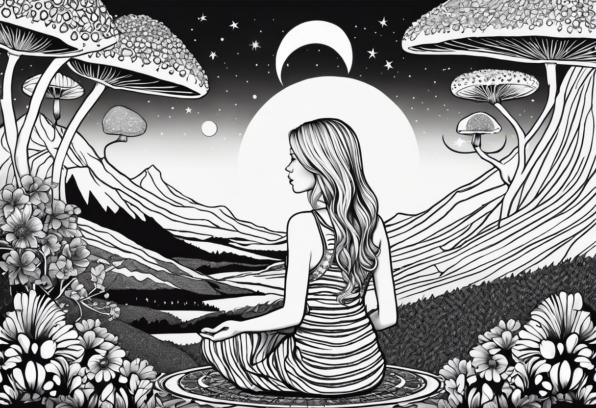 Straight blonde hair girl holding mushrooms in hand meditating facing away toward mountains surrounded by mushrooms crescent moon mandala circular design black and white striped dress tattoo idea