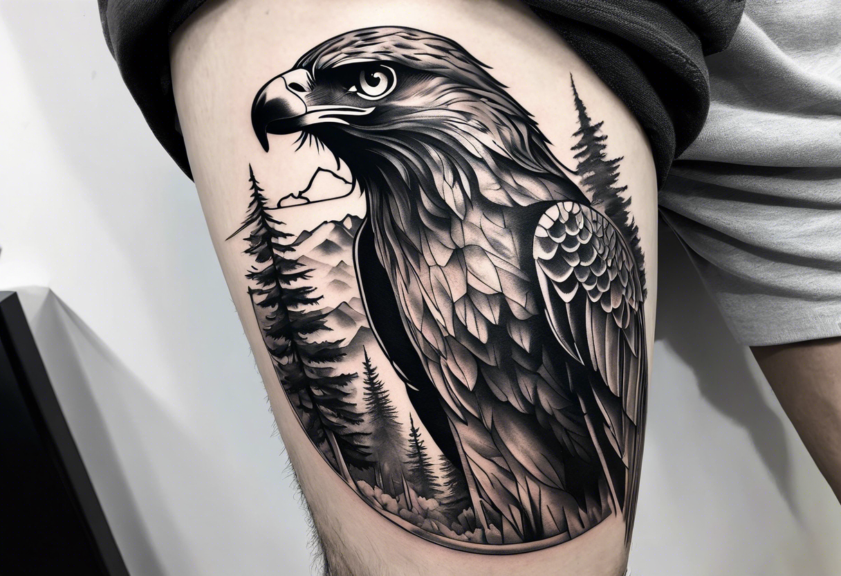 Black and grey leg tattoo of a Hawk beside a wolf in nature tattoo idea